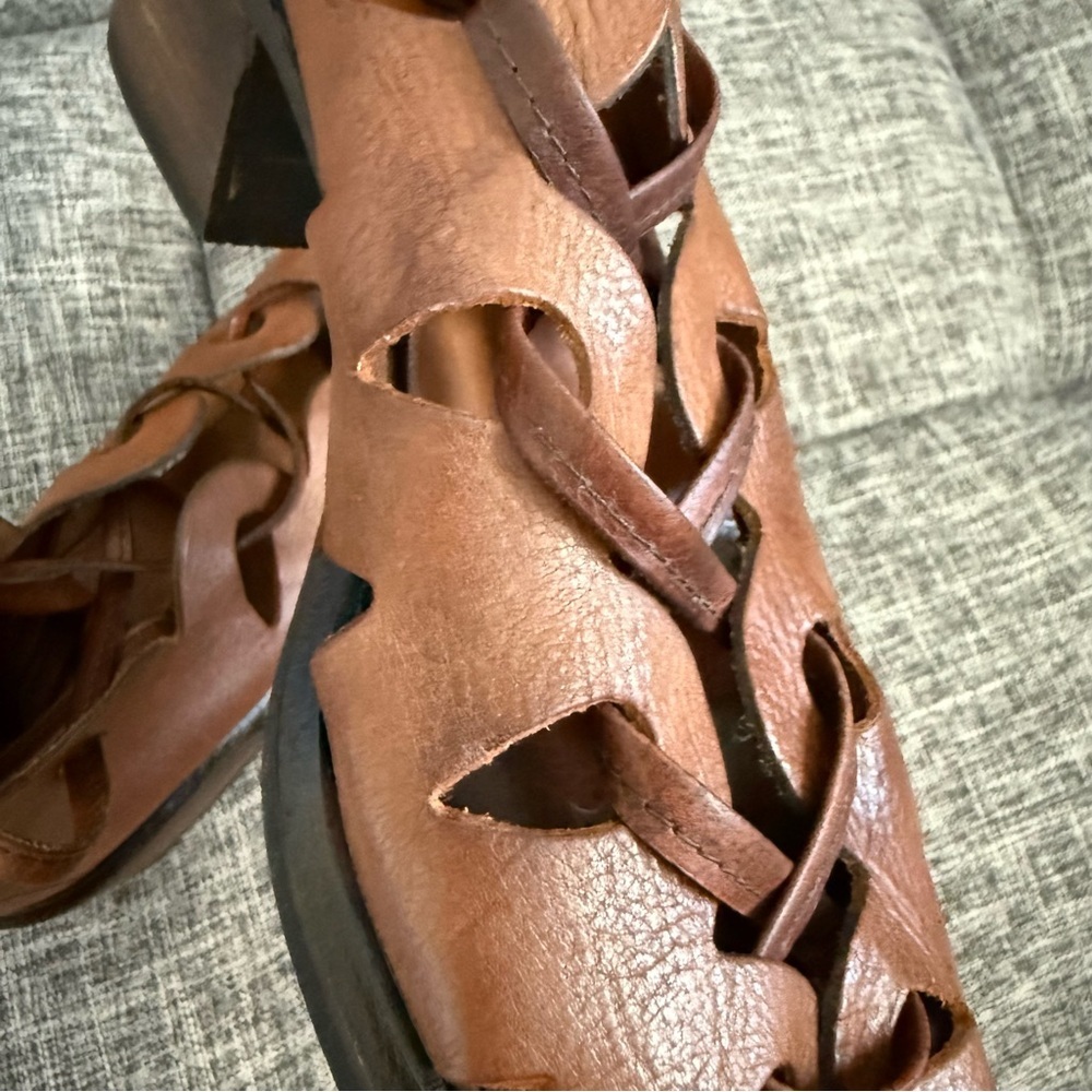 Aketohn Brown Leather Lace Up Gladiator Sandals Stacked Chunky Heel Size 37 - Picture 10 of 14
